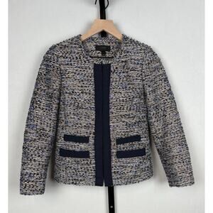 J. Crew Metallic Tweed Jacket Grosgrain Trim 0 Blue Black Blazer Pockets Preppy